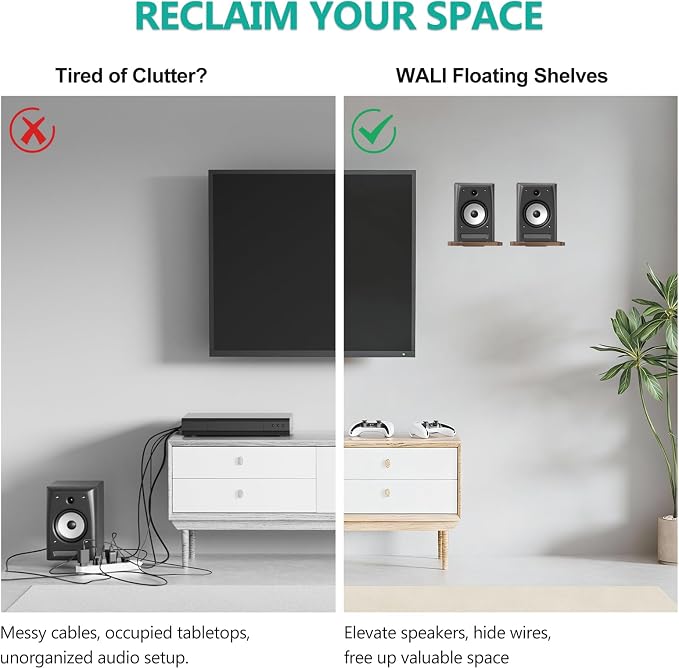 WALI Speaker Wall Mount, Heavy Duty Bookshelf Speaker Floating Wall Shelves, Surround Sound Speakers Stand for Living Room, Home Theater and Gaming Room, Holds up to 55 Lbs, (SWM302), 1 Pair, Wood
