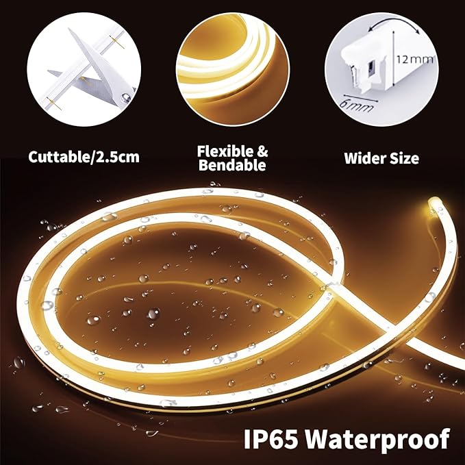 iNextStation Warm White LED Rope Lights 16.4FT/5M DC12V LED Strip Lights, IP65 Waterproof Silicone Neon Light Strip, Flexible Led Light Strip 0.98in Cut for DIY, Rope Led Lights for Bedroom(No Plug) | LED Strip 3000 K Dimmable Cuttable Hose Strip for L...