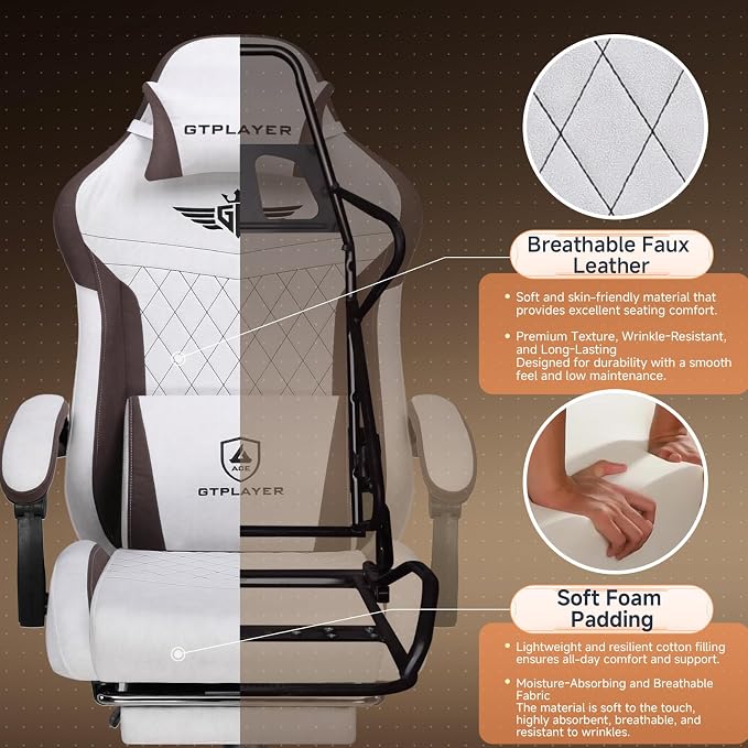GTPLAYER Gaming Chair with Footrest, Ergonomic Office Chair 400lbs Heavy Duty, Big and Tall Computer Desk Chair with Lumbar Support and Headrest, Breathable Tech Fabric, 90-155° Recline Brown