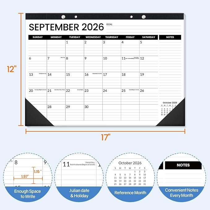 SUNEE Desk Calendar 2026-2027, 17" x 12", 18-Month Monthly Desk Calendar from Jul. 2026 - Dec. 2027, Academic Desk Calendar with Notes Section for Teacher, School, Black With Note