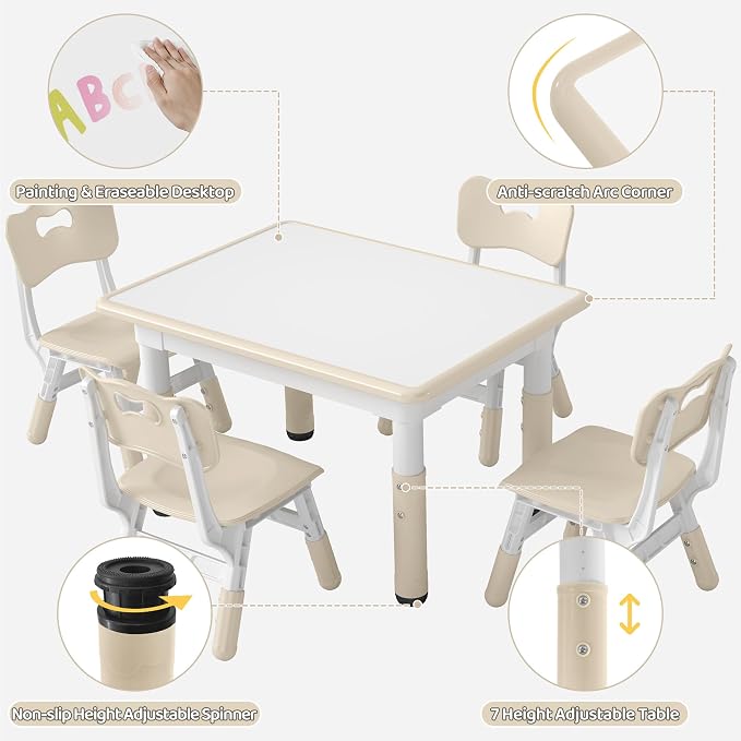 DOREROOM Adjustable Kids Table & 4 Chairs Set, 31.5" L x 23.6" W, Natural | Graffiti Desktop,Table Supports 300 lbs,Toddler Ages 2-8，FSC-certified, Children Activity Table for Daycare, Classroom, Home