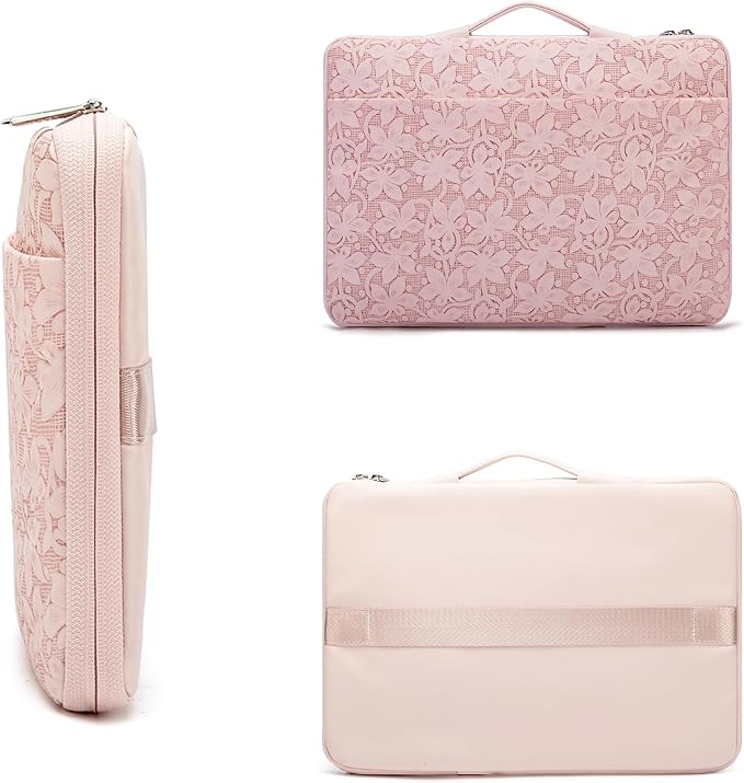 Kinmac Embossed PU Leather 360° Heavy Duty Protective Laptop Sleeve with Poacket (Pink Floweret, 16 inch-16.2 inch)