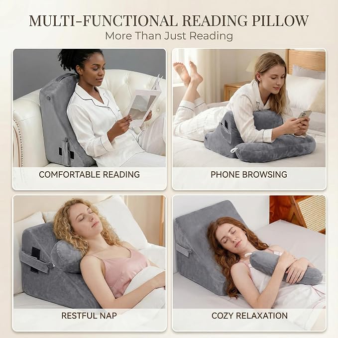 21 INCH Reading Pillow for Adults, Back Pillow for Bed Sitting Up, Backrest Pillow for Sitting in Bed, Detachable Arms with Built-in Cup & Phone Caddy (Gray, 21 INCH)
