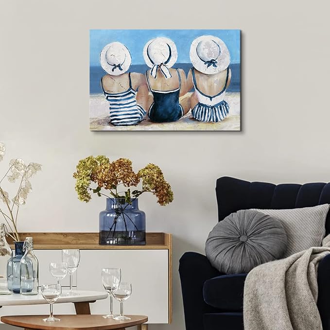 Beach Girls Wall Art Coastal Room Wall Decor Vintage Ocean Landscape Picture Nautical Bathroom Canvas Prints 16x24”, Seascape Poster Retro Swimsuit Girl Painting Artwork Modern Bedroom Decoration