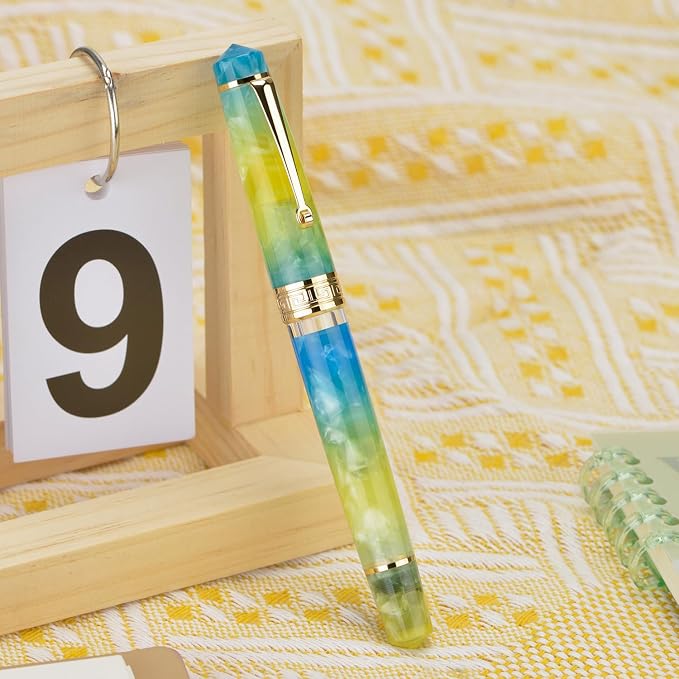 Asvine P20 Piston Fountain Pen, Stub Nib 1.1mm Calligraphy Art Drawing Gradual Yellow Acrylic with Case Set