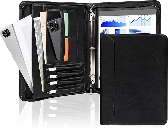 AZXCG Leather Padfolio for Men,Zippered Padfolio with 3 Ring Binder,Business Portfolio Organizer with A4 Writing Pad Holder, Portfolio Binder for Meeting,Gift for Father's Day