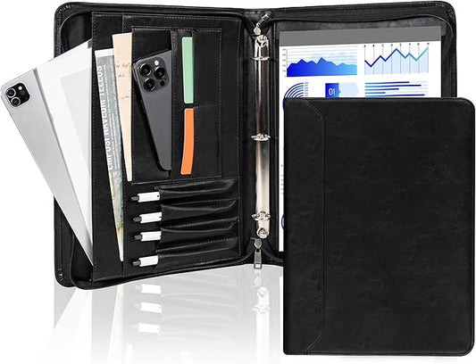 AZXCG Leather Padfolio for Men,Zippered Padfolio with 3 Ring Binder,Business Portfolio Organizer with A4 Writing Pad Holder, Portfolio Binder for Meeting,Gift for Father's Day