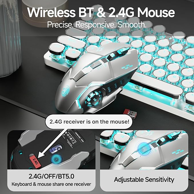 EWEADN TK950 Typewriter Mechanical Keyboard and Mouse, 104 Keys Aesthetic Typewriter Keyboard Mouse Combo with Blue Backlit, Anti-Ghosting, Blue Switch Bluetooth/2.4GHz/Wired Cute Keyboards-White