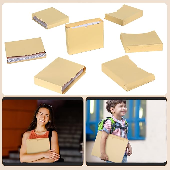 Zhehao 100 Pcs File Jackets Reinforced Straight Cut Tab Pocket Folders 2 Inch Expandable File Folder Expanding Paper Organizer with Tabs Expansion Pocket, Letter Size(Beige Color,Classic Style)