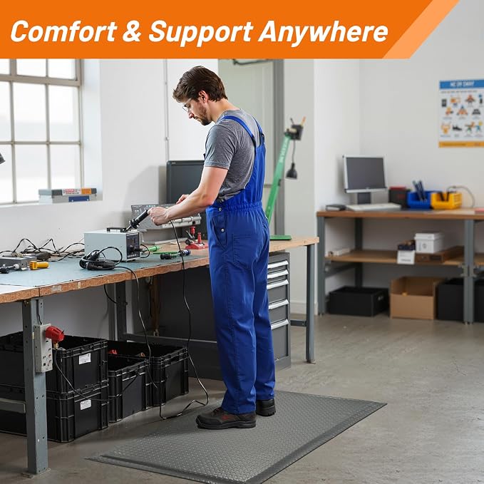 Nisorpa Anti Fatigue Mats Industrial 2' x 5' Ergonomic Standing Mat 15/16" Extra Thick Shop Floor Mat Kitchen Mats Heavy Duty Commercial Diamond Plate Support for Leg & Back Pain, Grey