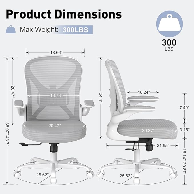 Ergonomic Office Chair with Adjustable Lumbar Support, 300 lbs Swivel Desk Chair with Flip-Up Arms, Mesh Comfy Padded Seat for Computer and Home, Grey