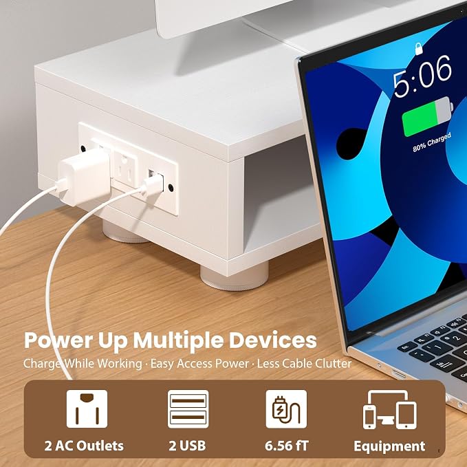 Artswish 42" White Dual Monitor Stand with Power Outlet & Storage Drawer | 42" Monitor Riser for Home Office, Built-In Power Outlet, Hidden Storage & Darwer, Adjustable Height