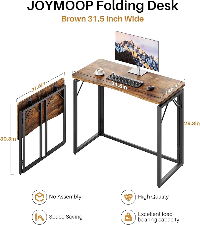 JOYMOOP Folding Desk Rustic Brown - 31.5", No Assembly Small Foldable Desk for Home, Office, Wooden Top Folding Computer Desk for Working, Writing, Studying