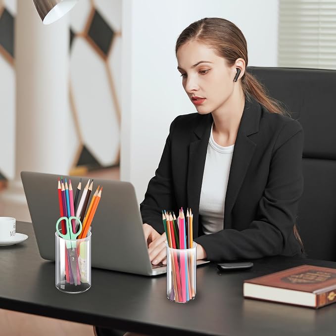 2-Pack Acrylic Pen Holder, Clear Desk Organizer | Clear Pen Cup, Versatile Storage For Office Vanity, Sturdy Cylinder Shape