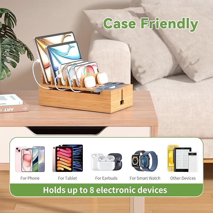 Pezin & Hulin Bamboo Charging Stand Rack, No Power Adapter Supply -Natural | Wooden Charge Box for Mobile Phones, Tablets, Smart Watch and Earbuds, Wire Cable Organizer Box, Bedside Dock Stand Holder