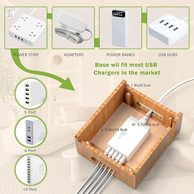 Pezin & Hulin Bamboo Charging Stations with 5 Port USB Charger & 5 Cables | Cell Phone Organizer for Multiple Devices with Watch Stand for Tablets, Smart Watch