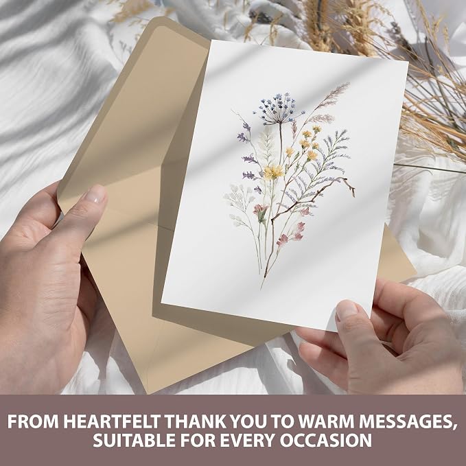 AUDREE 50 Set Blank Cards and Envelopes 3.5x5 - Watercolor Wildflowers Blank Greeting Cards with Adhesive Envelopes and Matching Sticker - Blank Note Cards for All Occasions