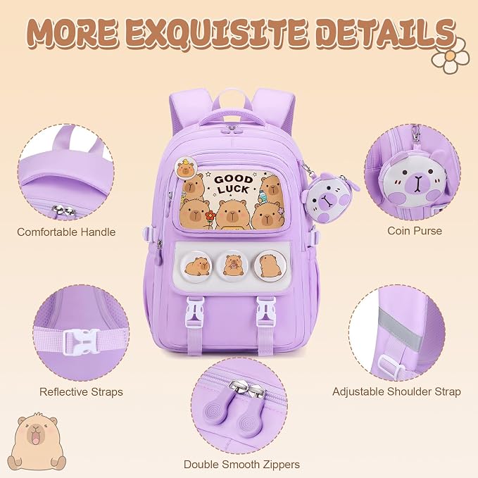 Capybara Backpack for School Girls, 30PCS Capybara Gifts School Supplies Stationery Set with Lunch Box Pencil Case Pens Pencils Notebook Cartoon for Kindergarten Elementary Student(Purple)