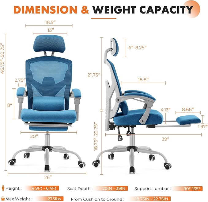 Sweetcrispy Office Computer Desk Chair, Ergonomic High-Back Mesh Rolling Work Swivel Chairs with Wheels, Comfortable Lumbar Support, Comfy Arms for Home, Bedroom, Study, Student, Blue