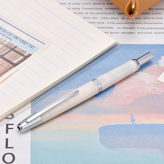 Jinhao 20 Press Fountain Pen, Snow White Retractable Medium Nib with Ink Converter Set (Silver Clip)
