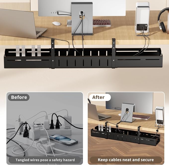 Under Desk Cable Management Tray,Expandable 25.2Inch – 38Inch,Black | Heavy Duty Carbon Steel,Cable Tray with No Drill Clamp Mount,Adjustable Under Desk Cord Management for Office Home,Rustproof