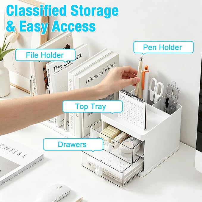 SAYEEC Desk Organizer with File Sorter Detachable Desktop Organizer 4 Sections Adjustable Bookends Plastic Storage Box with 2 Drawers Multi-Functional Pen Pencil Holder File Organizers for Office Home