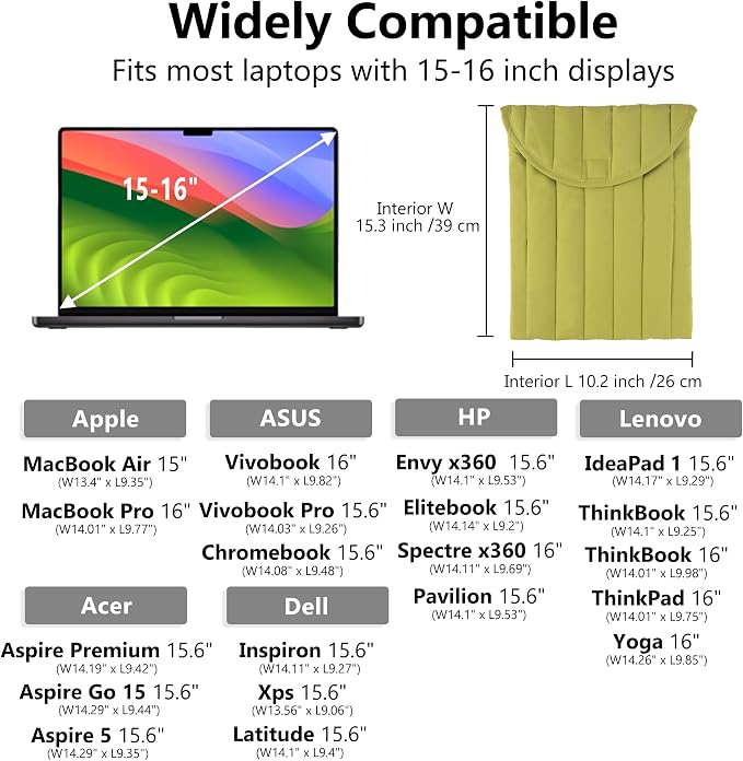 Puffy Laptop Sleeve Set 15-16 Inch Green, Protective Carrying Case for Men and Women, Cute Case Bag Compatible with 15 and 16 Inch Laptops, for MacBook Air M2, Asus/Dell Xps in Cover