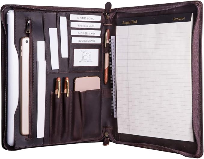 Genuine Leather Professioal Business Portfolio Padfolio Folder with Zipper for Men and Women,Work Portfolio for Letter Size Notepad, for Meeting and Travel, Dark Brown