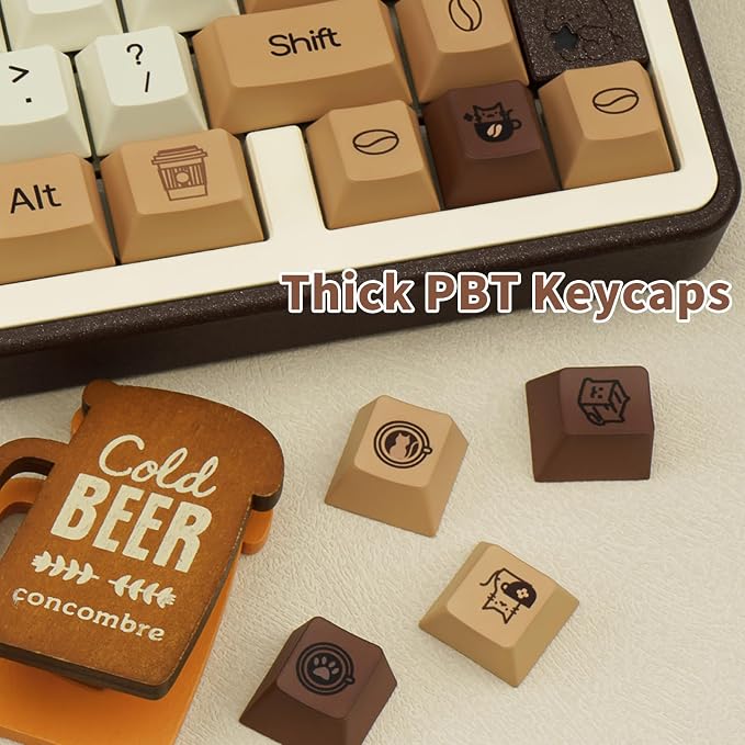 Brown PBT Keycaps, Coffee Cat Cute Keycaps, Cherry Profile Key caps 60 65 75 100 Percent, Dye-Sublimation Custom 130 Keys Set for 100%, 75%, 65%, 60% Cherry Gateron MX Switches Keyboards