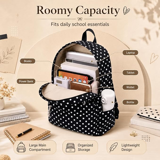 Bluboon Teen Girls School Backpack Kids Bookbag Set with Lunch Box Pencil Case Travel Laptop Backpack Casual Daypacks (Black Polka Dots)