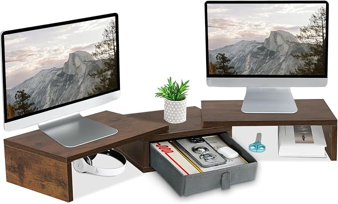 TEAMIX 3 Shelf Monitor Stand Riser With Drawer - Length and Angle Adjustable Dual Riser With Storage Corner Desk Shelf Organizer Large Computer Stand for 2 Monitors/Laptop (Brown, 1 Drawer)