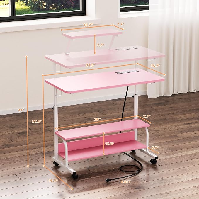 Height Adjustable Standing Desk with Power Outlets and LED Lights - 32" Manual Stand Up Desk with Monitor Stand and Storage Shelves Small Mobile Rolling Computer Desk Portable Laptop Table, Pink
