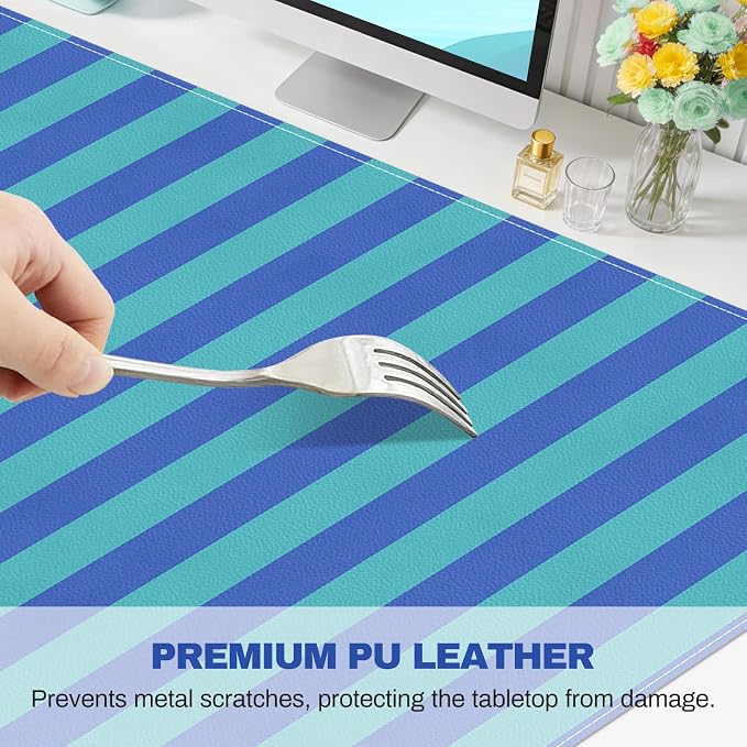Striped Desk Mat,PU Leather Desk Pad,Extra Large Mouse Pad Table Mat for Laptop Computer, Blue Turquoise Keyboard Mat,Waterproof PU Desk Cover Mat for Office Home Deco