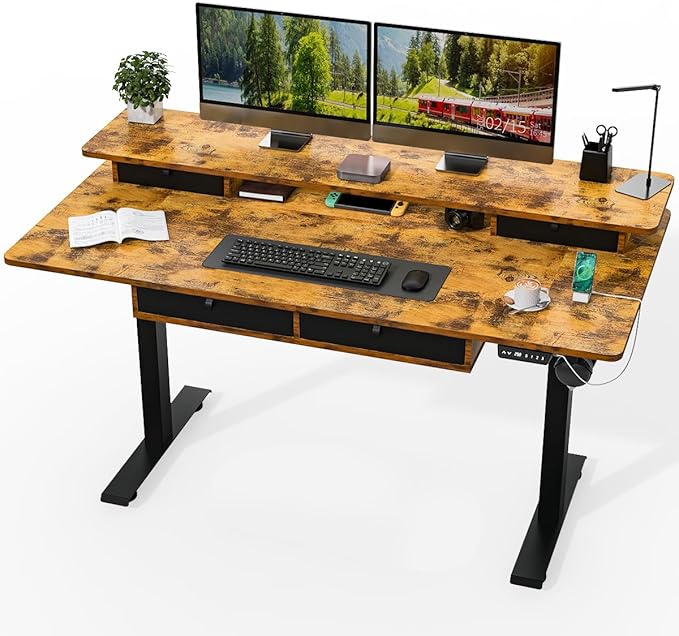 Kingant Electric Standing Desk with 4 Drawers,USB Charging Ports 63"x 30" | Ergonomic Height Adjustable Large Workstation, Heavy-Duty Sit Stand Up Desk For Home Office Daily Work,Rustic Brown