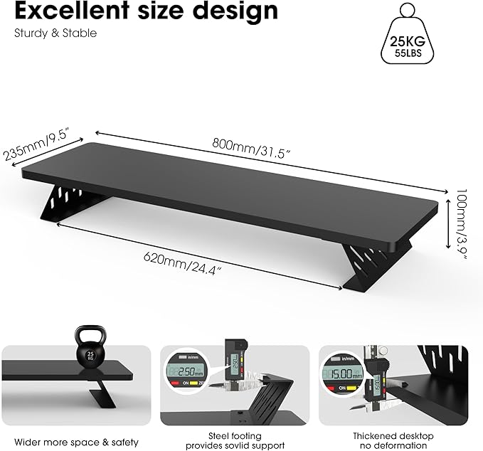 Fenge Monitor Stand Riser, 31.5 Inch Desk Top Shelf for 2 Monitors, Computer Stands for Desk, Wood & Steel Desktop Riser for Laptop, PC, Printer