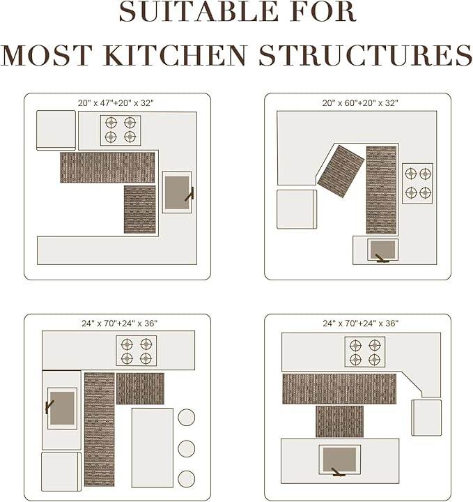 Kitchen Rugs Sets of 2-Non Slip Kitchen Mats for Floor-Thick Stain Resistant Vintage Kitchen Floor Mat Runner Carpet for Hallways Entryway Laundry Room Washable（Brown 24"x70"+24"x35"）