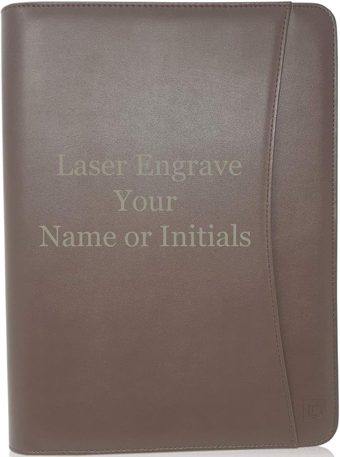 Customized Dark Brown Zippered Portfolio Binder - Engraved PU Leather Business Portfolio Organizer - Padfolio for Men & Women with US Letter Notepad, 10.5" Tablet Pocket & Gift Box by Lautus Designs
