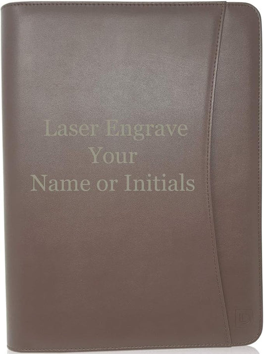 Customized Dark Brown Zippered Portfolio Binder - Engraved PU Leather Business Portfolio Organizer - Padfolio for Men & Women with US Letter Notepad, 10.5" Tablet Pocket & Gift Box by Lautus Designs