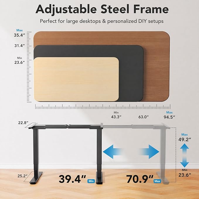 HUANUO Height Adjustable Electric Standing Desk Frame, 3 Stage Leg Dual Motors Sit Stand Desk Frame with Memory Controller for Home Office, for Max 75″ x 35″ Desktop, Frame Only, Black