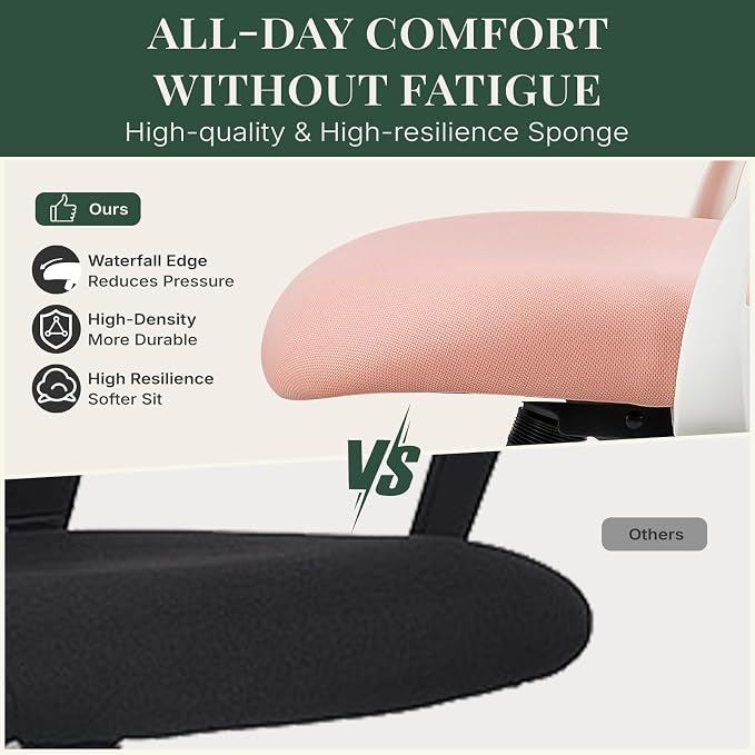 Ergonomic Office Chair, Desk Chair Comfy with Wheels, Adjustable Headrests, Small Office Chair with arms, Breathable Mesh High-Back, Comfortable Swivel Seating for Home Office, Pink