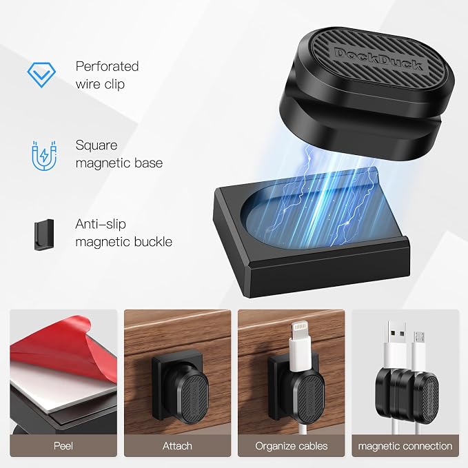 3-Pack Magnetic Cable Clips with Detachable Base, Auto Snap Cord Holder for Desk, Self-Adhesive Cable Organizer Compatible with Round and Flat Cables for Home Office Car