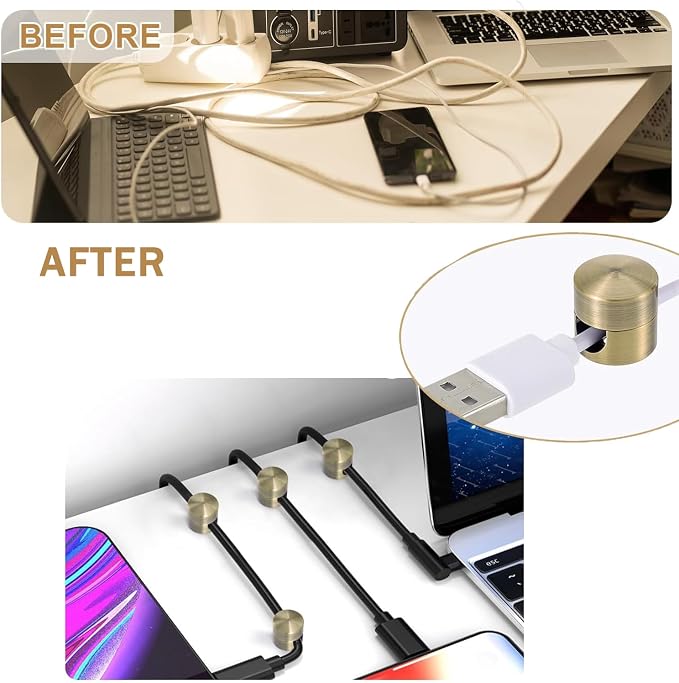 6 Sets Charger Cord Holder,Antique Copper Color Metal Adhesive Cable Management Clips,Adjustable Phone Cable Anchor Holders,Brass Wire Organizer for Desk, Wall, Home, Office, nightstand, Chandelier