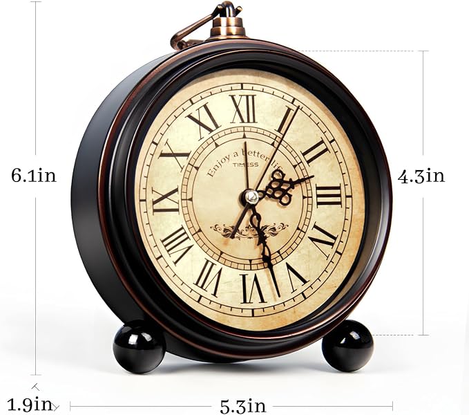 TIMESS 4.3-Inch Vintage Analog Alarm Clock, Silent Non-Ticking, White | Quartz movement, Roman numeral dial, battery operated, compact desk or table clock for bedroom, living room, and office