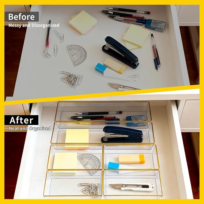 12 Pack Large Size Clear Stackable Drawer Organizer Trays, Gold Rim Makeup Drawer Storage Tray Divider, Desk Storage for Makeup, Jewelry, Bathroom, Stationary, Kitchen Utensils and Office Desk