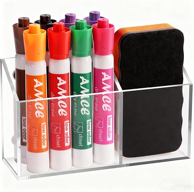Ameceres Magnetic Pen Holder Classroom Organization Acrylic Marker Holder for Whiteboard Refrigerator Locker Accessories Pencil Dry Erase Marker Basket (2 Compartments * 1)
