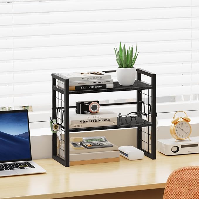 ELITEROO Desk Shelf Organizer, 2 Tier Wooden Desktop Bookshelf, Black | Desktop Shelf Organization, Adjustable Table Storage Rack, Mini Table Top Display Shelf for Home Office