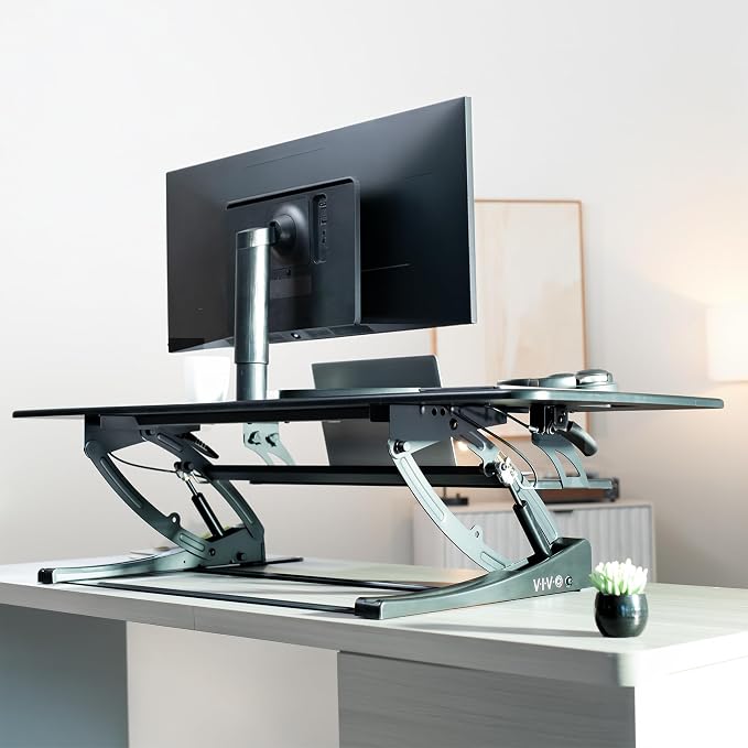 VIVO 54 inch Manual Height Adjustable Large Standing Desk Converter, Quick Sit-Stand Desk Riser, Tabletop Pneumatic Assist Height Adjust 6.5 to 17 inch, Black, DESK-V054V
