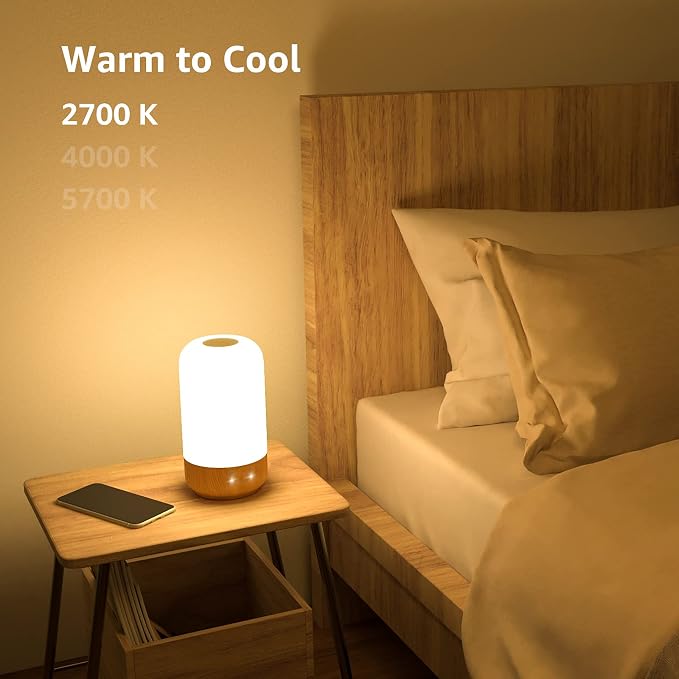 Lepro Table Lamp, LED Touch Lamp for Bedroom, Dimmable Bedside Night Light with Auto-off Timer, 350lm Tunable Soft Warm White, Daylight Cool White, RGB Color Changing Mood Lighting, Wood Grain