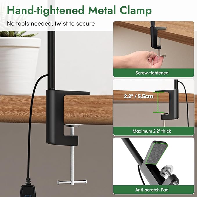 Clamp Lamp for Desk, Eye-Caring LED Clip Light (Black) | 27" Tall Flexible Arm, 3 Color Modes 10 Brightness, USB-Powered with 5V/2A Adapter