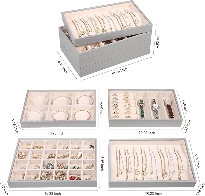 LANDICI Stackable Jewelry Organizer Trays 4 Set,PU Leather Jewelry Organizer Drawer,Jewelry Storage Display Tray for Earring Necklace Rings Bracelet with Removable Dividers,Grey